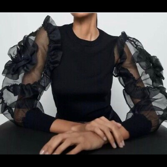 Zara Sweaters - NWT Zara Floral Organza Ruffle Sleeve Sweater Black Small